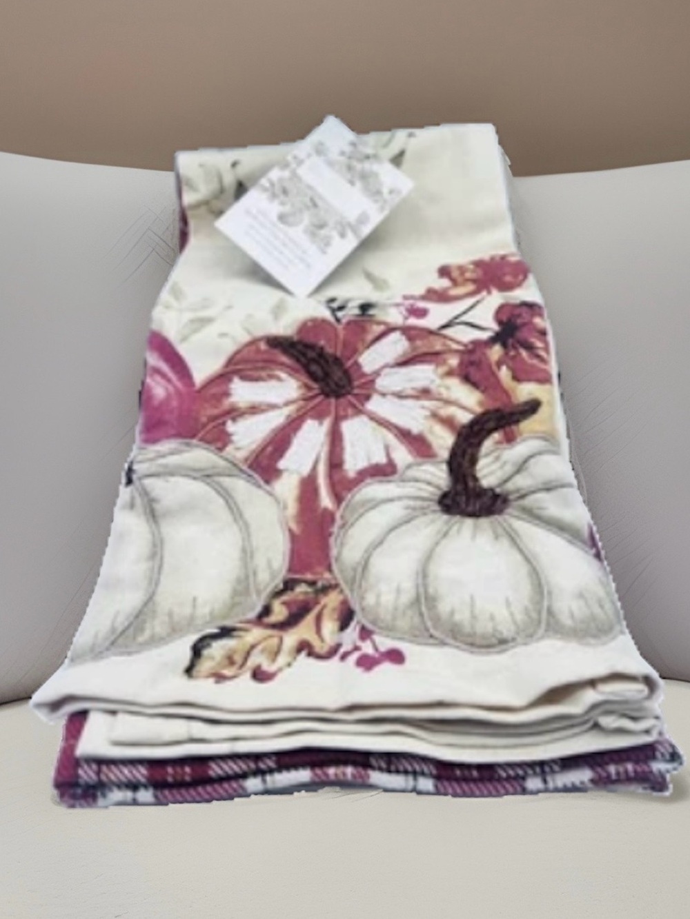 SHABBY CHIC KITCHEN TOWELS (3) PUMPKINS RUST GOLD LEAVES 100% COTTON NWT